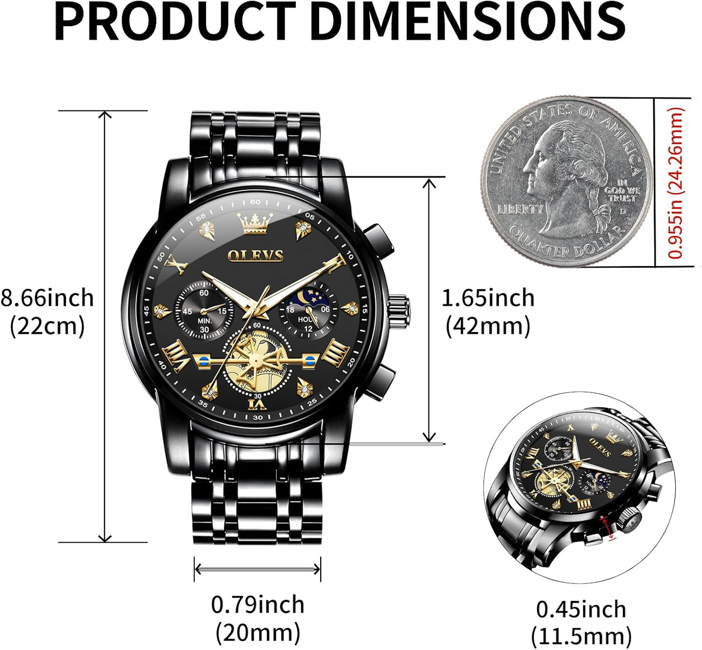 HOTOLEVS Mens Watches Chronograph Watch Luxury Dress Stainless Steel Waterproof Watches for Men Moon Phase Luminous Business Calendar Wrist Watch Blue/Black/Green/Gold/Face
