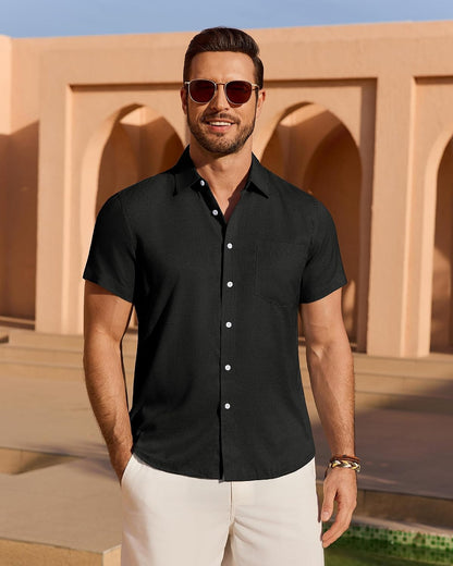 HOTMens Linen Shirt Short Sleeve Wrinkle Free Casual Untucked Button Down Shirts Beach Breathable Tops Summer