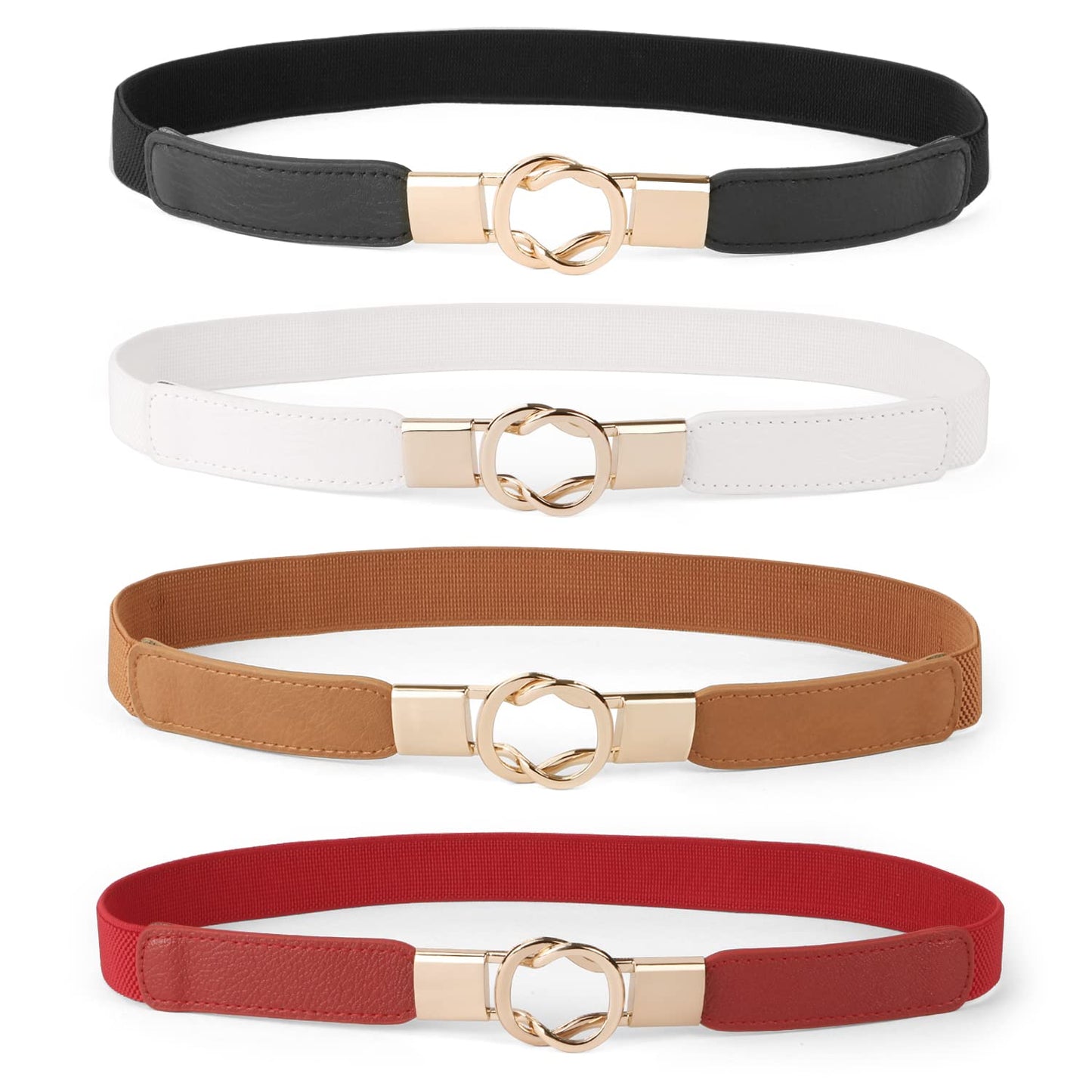 HOTWERFORU Women Skinny Belt for Dresses Retro Stretch Waist Belt with Gold Buckle Set of 4