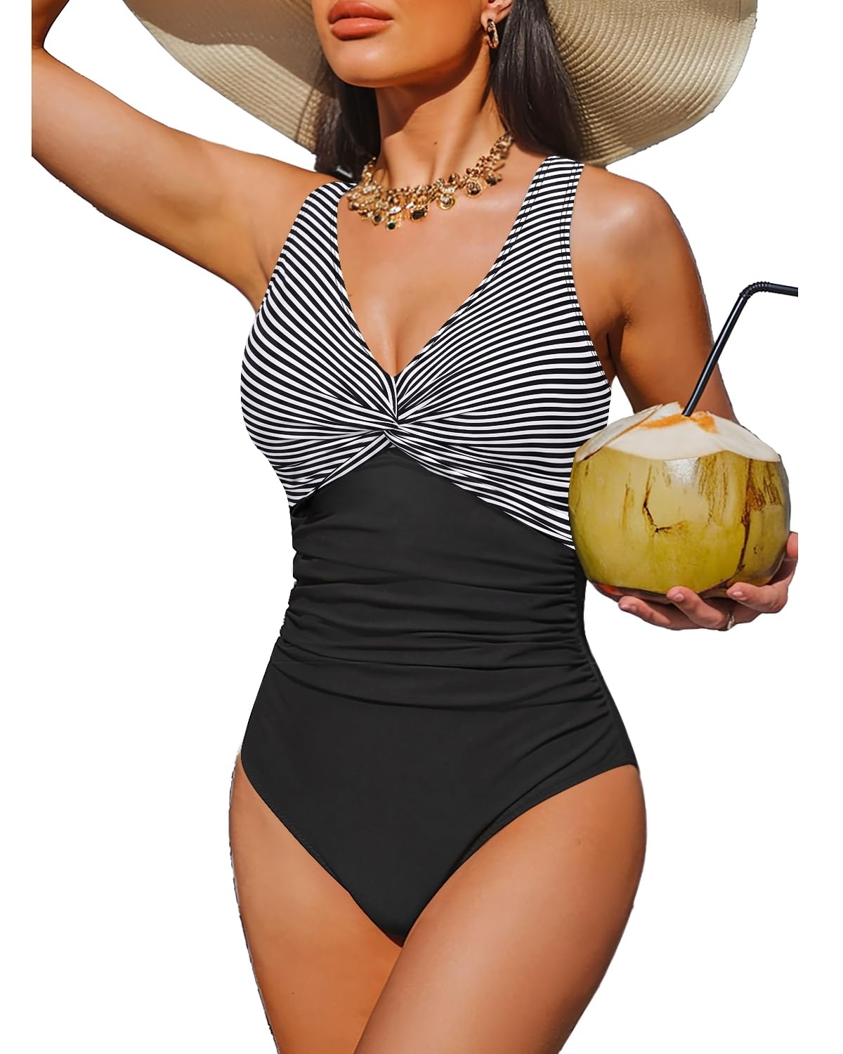HOTWomen's Tummy Control One Piece Swimsuit Push Up Full Coverage Bathing Suit | V-Neck Twist Front, Low-Back Design, Adjustable Straps, Removable Pads, Full Coverage, Long-Torso Fit, Beach and Pool Days