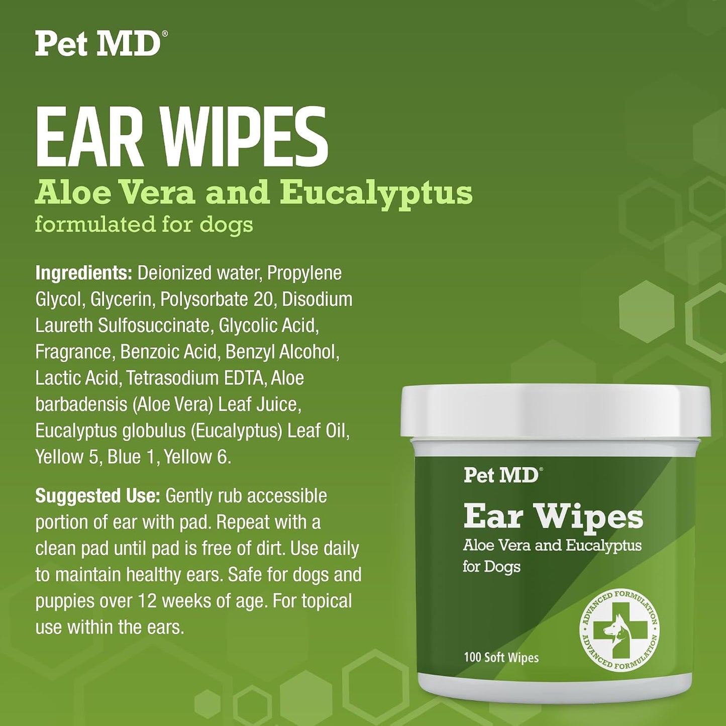 HOTPet MD Dog Ear Cleaning Wipes – Otic Cleanser for Dogs - 100 ct | Soothing Ear Care with Aloe Vera & Eucalyptus, Regular Wipes