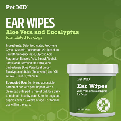 HOTPet MD Dog Ear Cleaning Wipes – Otic Cleanser for Dogs - 100 ct | Soothing Ear Care with Aloe Vera & Eucalyptus, Regular Wipes