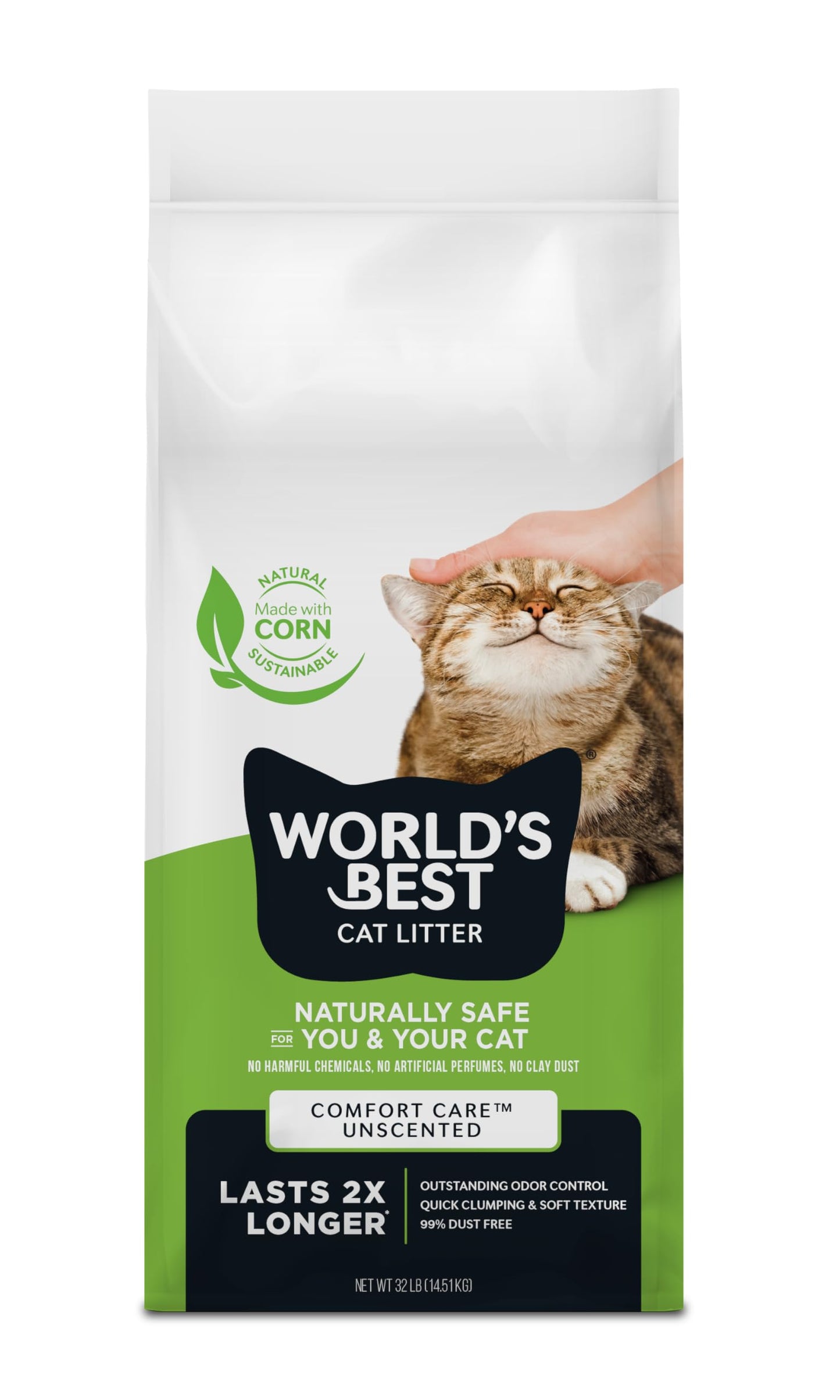 HOTWorld's Best Cat Litter, Comfort Care, Unscented, Odor Control, 15 lb Bag | Gentle odor control for sensitive cats and lasts 2x longer; natural corn litter, quick clumping, flushable, 99% dust free