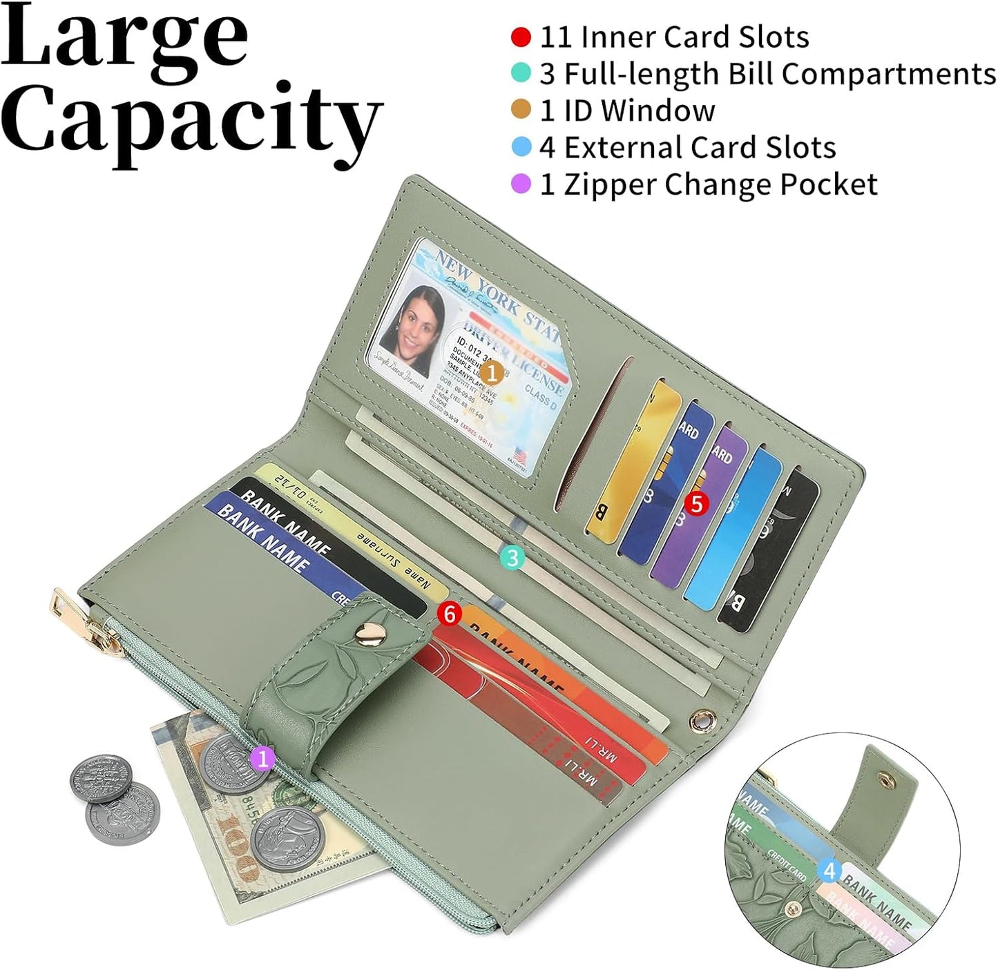HOTSENDEFN Womens Wallet Slim Thin Bifold Card Holder RFID Blocking Vegan Leather Long Ladies Wallets with Wristlet