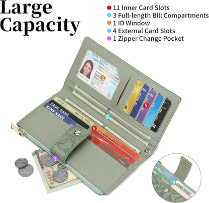 HOTSENDEFN Womens Wallet Slim Thin Bifold Card Holder RFID Blocking Vegan Leather Long Ladies Wallets with Wristlet