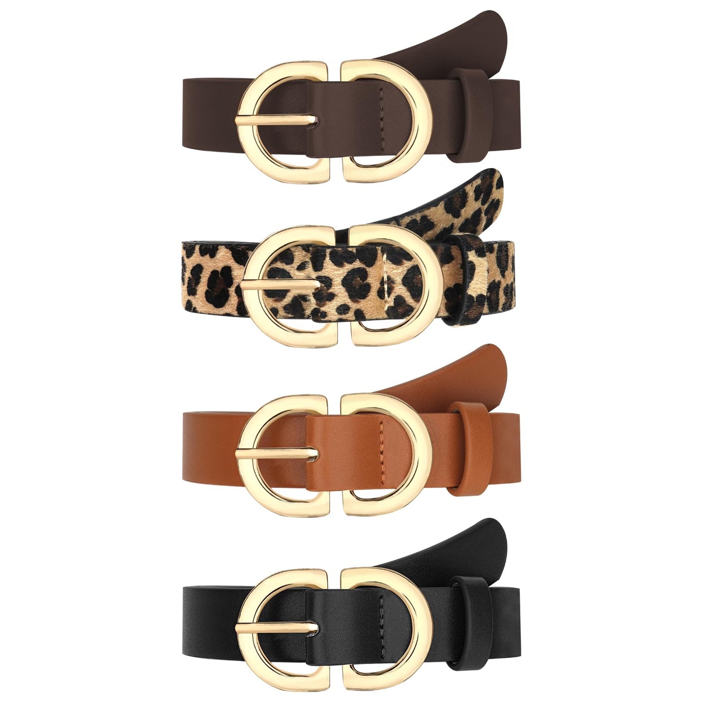 HOTYARIEW 4 Pack Leopard Belts for Women Leather Belts for Jeans Pants Ladies Dress Belt Waist Belt with Gold Buckle