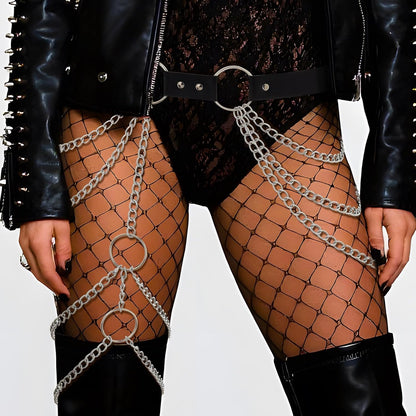 HOTELABEST Leather Thigh Chain Punk Leather Body Chain Rave PU Leg Belt for Women