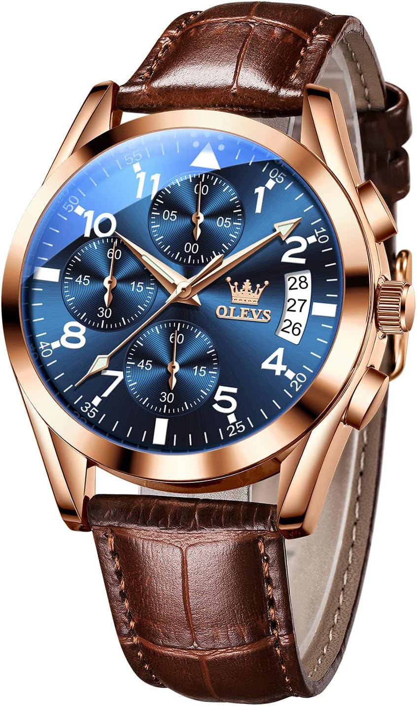 HOTOLEVS Men's Casual Leather Watch, Big Face Chronograph Watch for Men, Fashion Easy to Read Dress Watch, Men's Waterproof Luminous Date Analog Watch, Gold/Black/White/Blue Dial