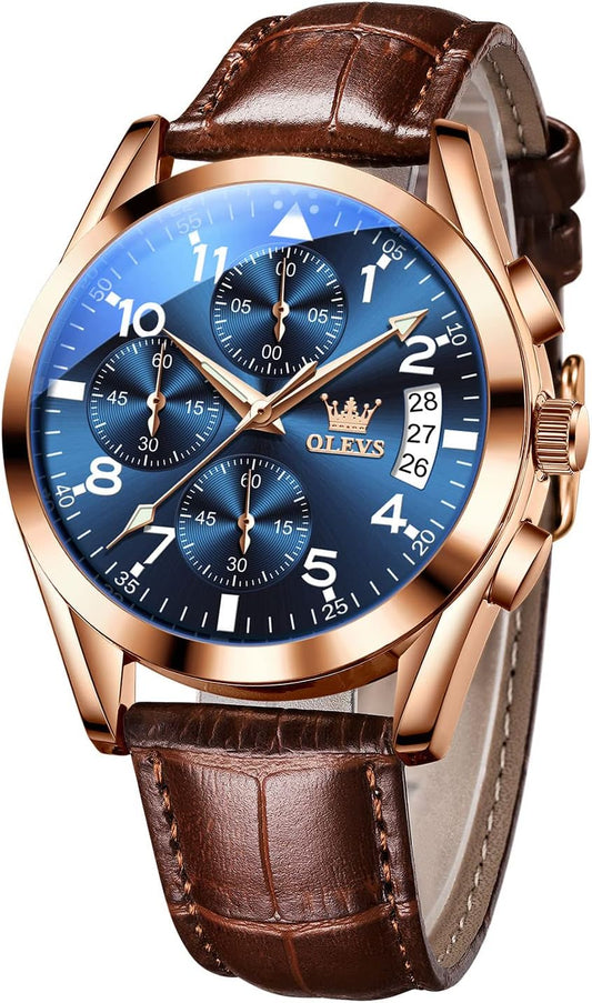 HOTOLEVS Men's Casual Leather Watch, Big Face Chronograph Watch for Men, Fashion Easy to Read Dress Watch, Men's Waterproof Luminous Date Analog Watch, Gold/Black/White/Blue Dial