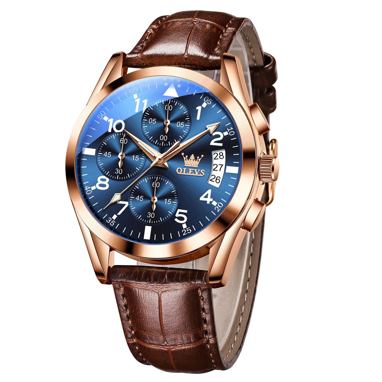 HOTOLEVS Men's Casual Leather Watch, Big Face Chronograph Watch for Men, Fashion Easy to Read Dress Watch, Men's Waterproof Luminous Date Analog Watch, Gold/Black/White/Blue Dial