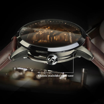 HOTFORSINING Men's Automatic Watch with Mechanical Movement, Skeleton Dial and Leather Band
