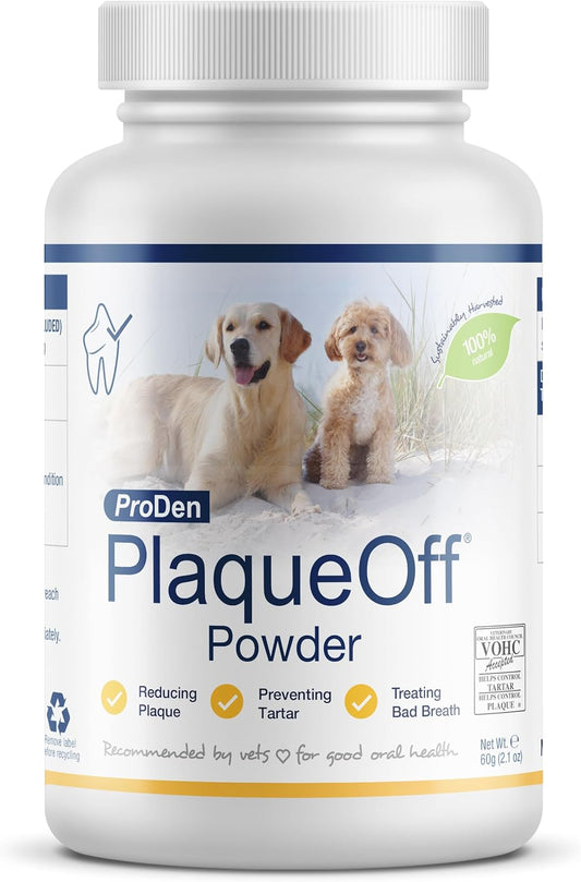 HOTProDen PlaqueOff Powder for Dogs - Dog Tartar and Plaque Remover - 60g | VOHC Accepted Dental Powder for Pet Oral Care - Supports Fresher Breath and Dental Hygiene - 100% Natural Kelp Formula