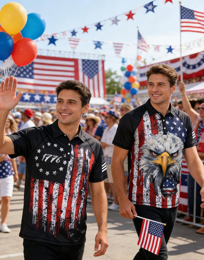 HOTRAISEVERN Mens American Flag Print Golf Polo Shirt Patriotic Raglan Sleeve Tees