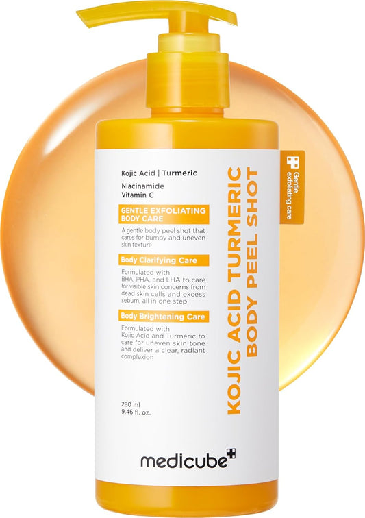 HOTmedicube Body Peel Shot with Kojic Acid and Turmeric | Gentle Body Brightening & Exfoliating Serum with BHA, LHA & PHA for Dead Skin Cells, Uneven Looking Skin & Excess Sebum | 9.46 fl.oz