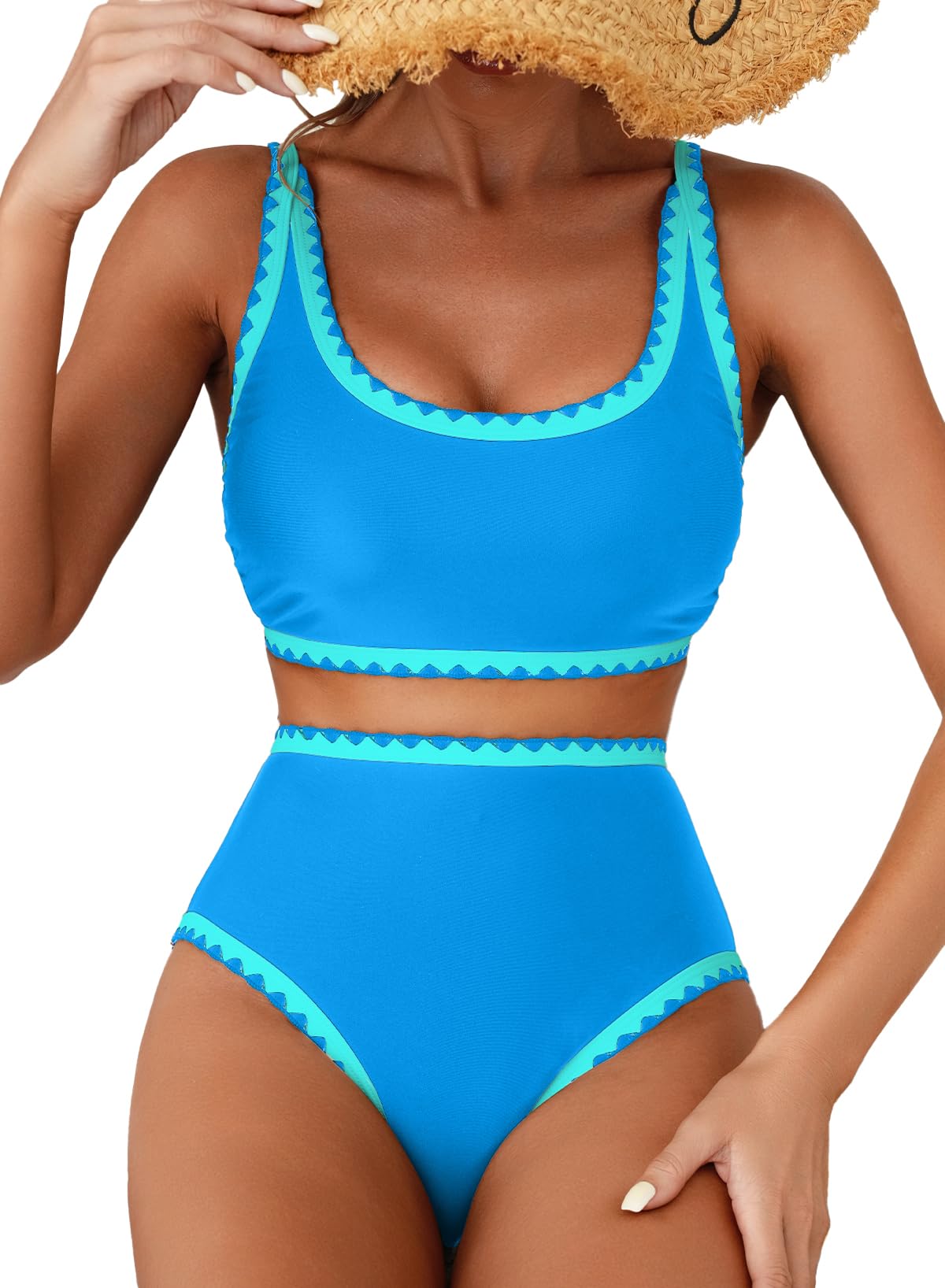 HOTHerseas Women's Bikini Sets Floral Print Whip Stitch 2 Piece Swimsuits High Waisted Scoop Bathing Suits