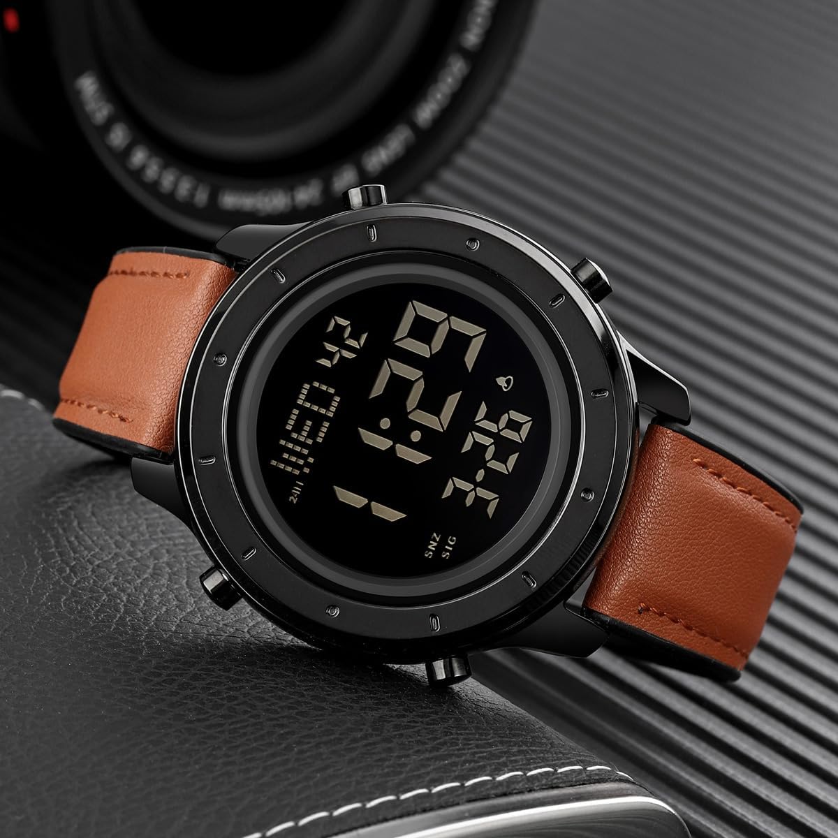 HOTMinimalist Digital Watch Men Wrist Watches Waterproof Mens Leather Watch | Large face brown black watch, Chronograph, Dual Times, 12/24 Hours, EL backlight, Digital wrist stopwatch, Reloj para hombre