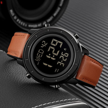 HOTMinimalist Digital Watch Men Wrist Watches Waterproof Mens Leather Watch | Large face brown black watch, Chronograph, Dual Times, 12/24 Hours, EL backlight, Digital wrist stopwatch, Reloj para hombre