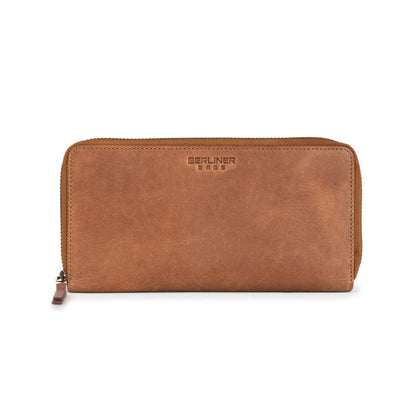 HOTBERLINER BAGS Genuine Leather Zip Wallet Women Margo, Gift Box – Brown | Soft Leather Zip Around Wallet, Fit up to Phone 6.9", 12 Card Slots, 1 ID Window, 1 Coin Pocket, RFID Blocking