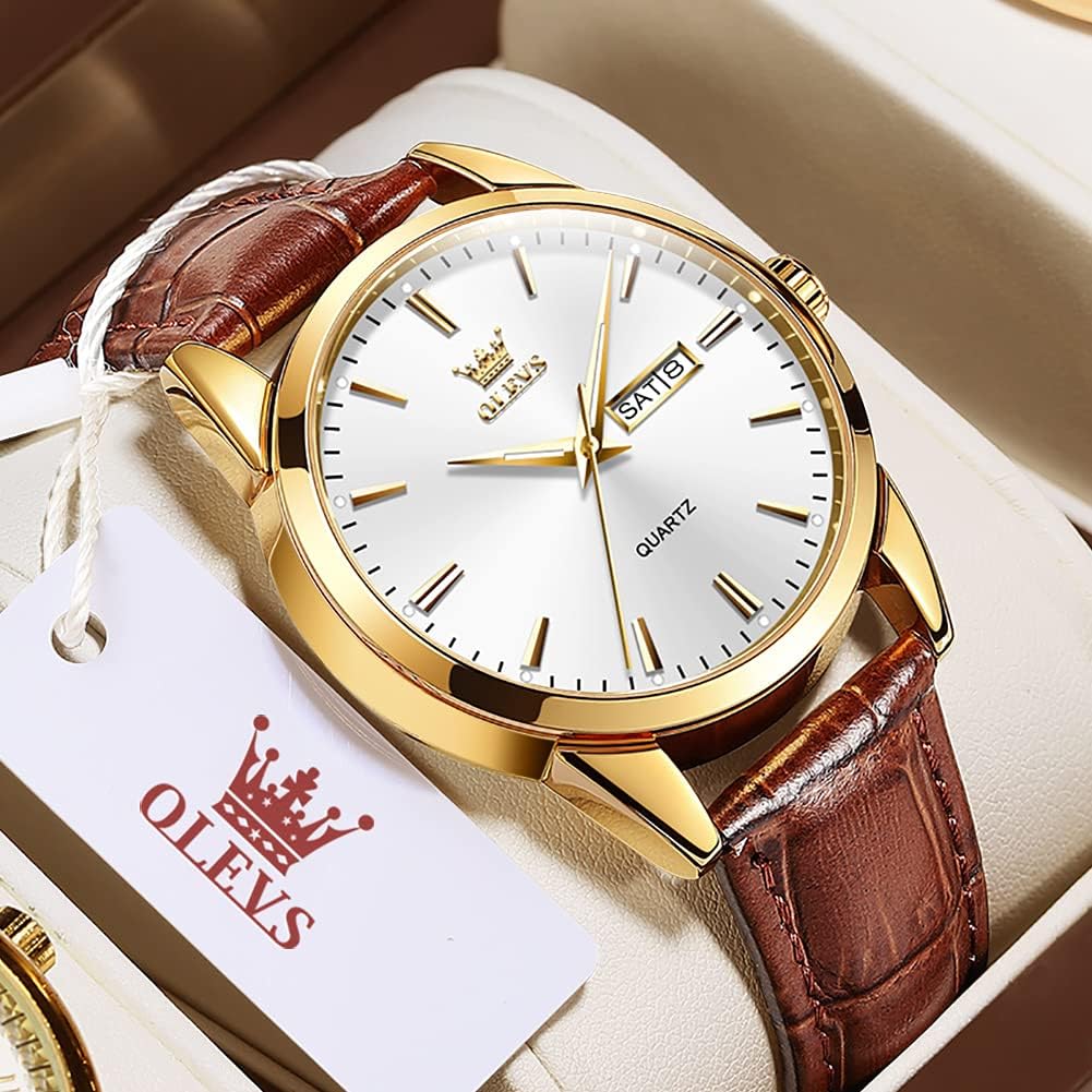 HOTOLEVS Mens Watch Brown Leather Band Dress Watch for Men Quartz Waterproof Men's Wrist Watch 38MM Gold Case Easy to Read Day Date Business Casual Men Watches Gifts for Him Relojes para Hombres