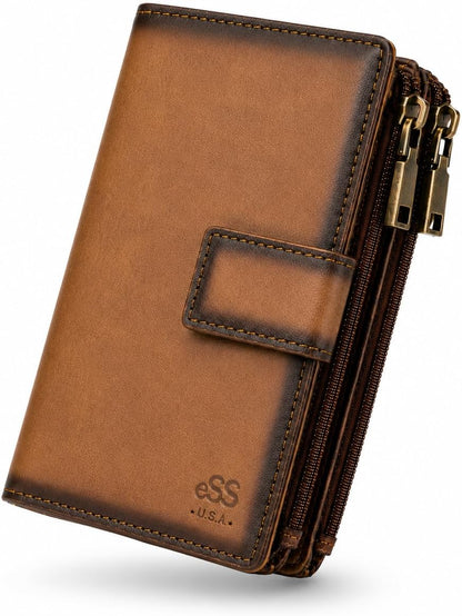HOTESS RFID Blocking Leather Wallet for Women Slim Bifold Card Holder | - Double Zipper Money Organizer with 43 Card Slots, Passport Pocket, iPhone Storage, ID Window, Travel Wallet Brown