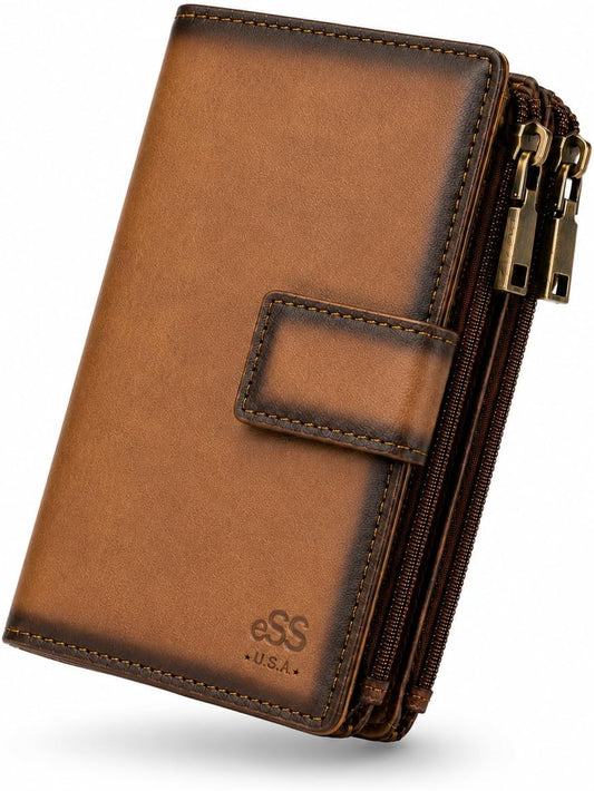 HOTESS RFID Blocking Leather Wallet for Women Slim Bifold Card Holder | - Double Zipper Money Organizer with 43 Card Slots, Passport Pocket, iPhone Storage, ID Window, Travel Wallet Brown