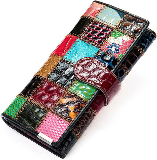 HOTHandmade Patchwork Trifold Large Wallet for Women Colorful Genuine Leather Stitched Credit Card Holder Phone Clutch Purse