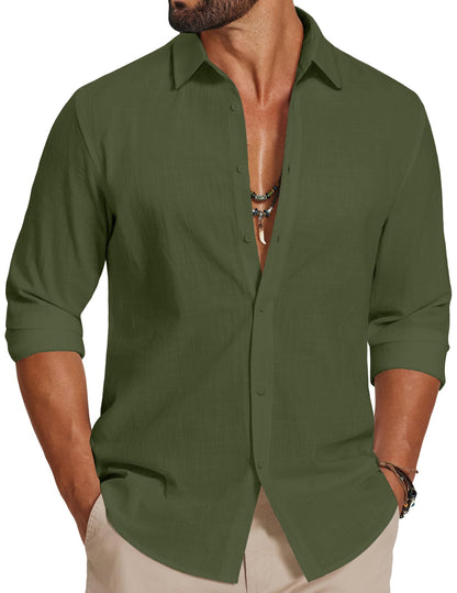 HOTCOOFANDY Men's Casual Button Down Shirts Long Sleeve Cotton Beach Wedding Shirt Summer Linen Shirt for Men