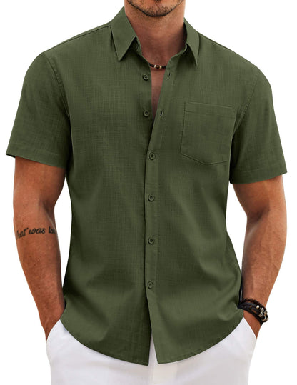 HOTCOOFANDY Men's Button Down Short Sleeve Shirt Casual Cotton Summer Beach Wedding Linen Shirts with Pocket