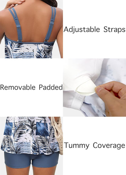HOTROSEWE 2025 Tankini Swimsuits for Women, Two Piece Bathing Suits with Shorts, Modest Tank Top Swim Dress
