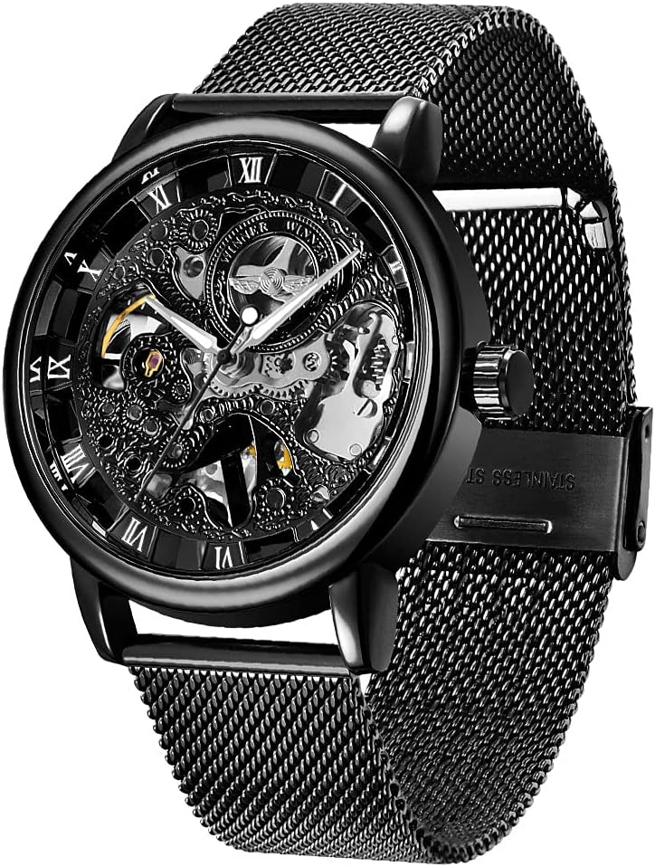 HOTMen's Skeleton Mechanical Roman Numeral Mesh Strap Watch, Hand Winding Mechanical Mesh Luminous Waterproof Watch for Men