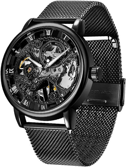 HOTMen's Skeleton Mechanical Roman Numeral Mesh Strap Watch, Hand Winding Mechanical Mesh Luminous Waterproof Watch for Men