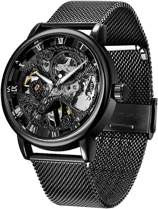 HOTMen's Skeleton Mechanical Roman Numeral Mesh Strap Watch, Hand Winding Mechanical Mesh Luminous Waterproof Watch for Men
