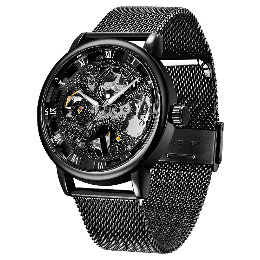 HOTMen's Skeleton Mechanical Roman Numeral Mesh Strap Watch, Hand Winding Mechanical Mesh Luminous Waterproof Watch for Men