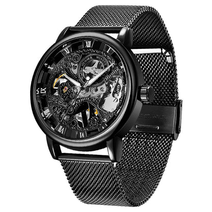 HOTMen's Skeleton Mechanical Roman Numeral Mesh Strap Watch, Hand Winding Mechanical Mesh Luminous Waterproof Watch for Men