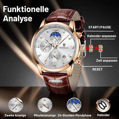 HOTLIGE Chronograph Watch for Men Wrist Leather Analog Dress Waterproof Vintage Work Casual Unique Retro Quartz Date Moon Phase Display Luminous 3ATM Water Resistant Mens Watches