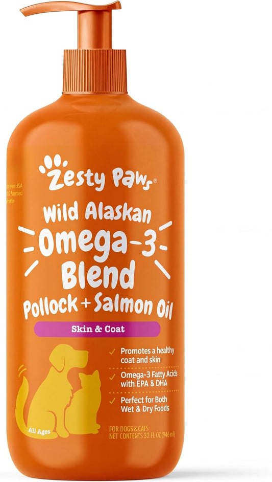 HOTZesty Paws Wild Alaskan Omega-3 Blend Pollock + Salmon Oil for Dogs and Cats- Skin and Coat Support, Omega 3 Supplement for Pets, 32oz
