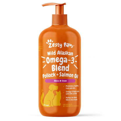 HOTZesty Paws Wild Alaskan Omega-3 Blend Pollock + Salmon Oil for Dogs and Cats- Skin and Coat Support, Omega 3 Supplement for Pets, 32oz