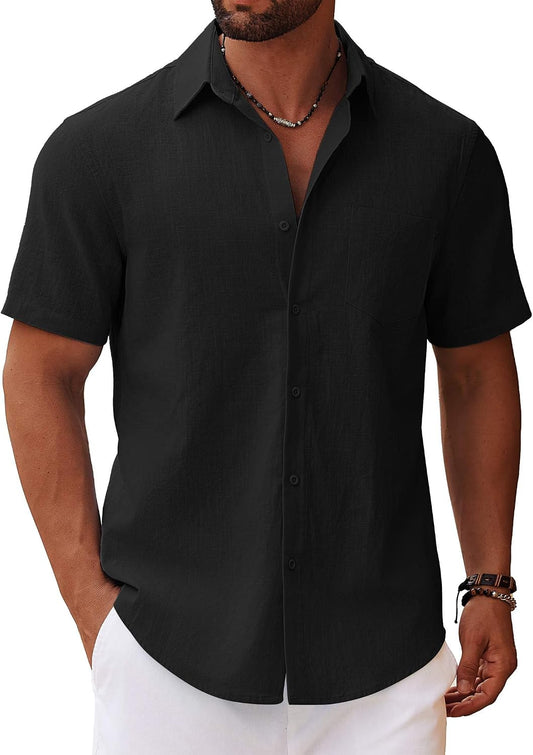 HOTCOOFANDY Men's Button Down Short Sleeve Shirt Casual Cotton Summer Beach Linen Wedding Shirts with Pocket