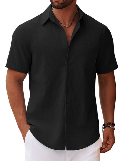 HOTCOOFANDY Men's Button Down Short Sleeve Shirt Casual Cotton Summer Beach Linen Wedding Shirts with Pocket
