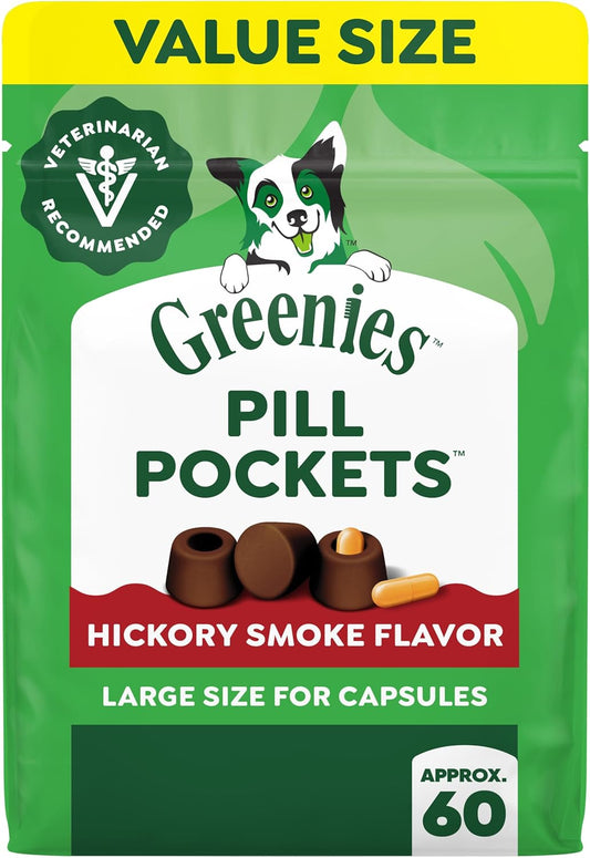HOTGreenies Pill Pockets Large Size Dog Treats, Hickory Smoke, 15.8 oz | Capsule size, hickory smoke flavor, masks medicine odor, low calorie, stress-free, Dog Treat Pouch for Capsule Medication