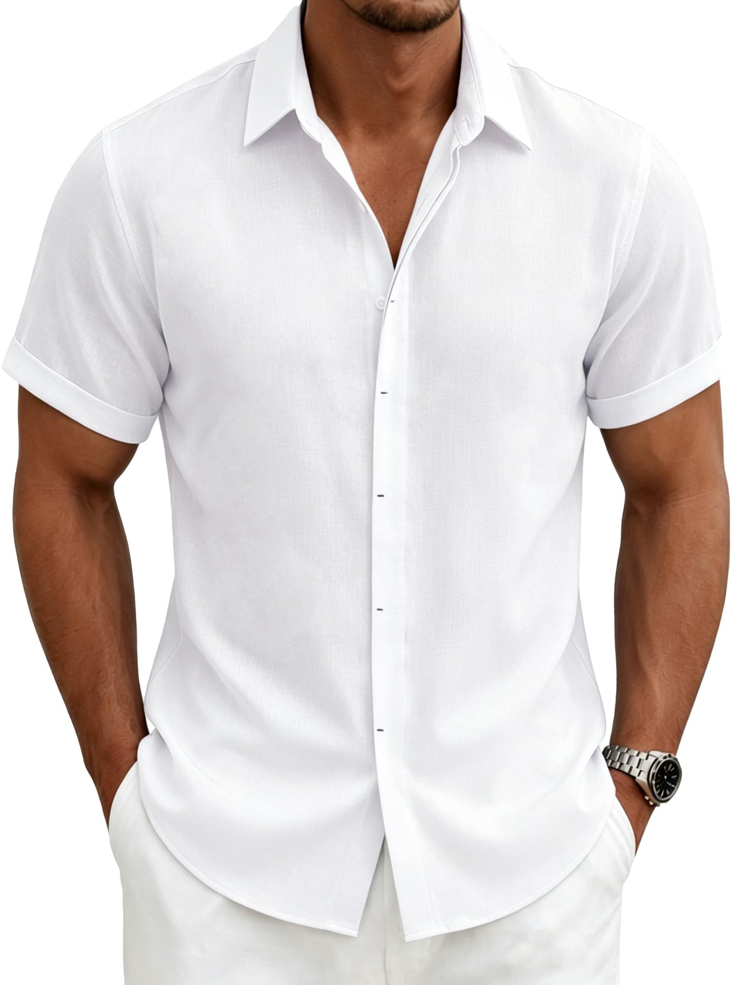 HOTMens Linen Shirts Short Sleeve Casual Shirt Button Down Summer Beach Vacation Tops Men Casual Dress Shirts Breathable
