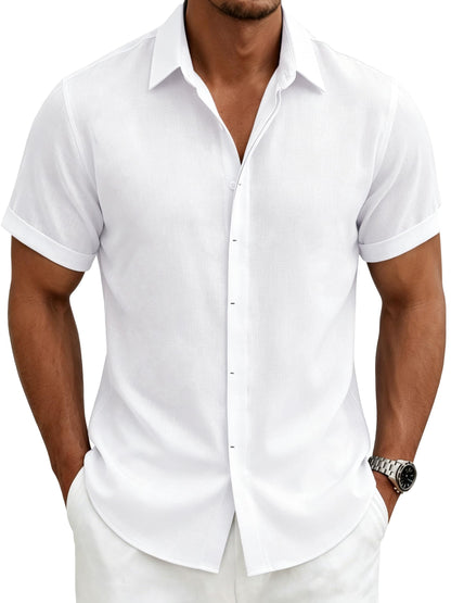 HOTMens Linen Shirts Short Sleeve Casual Shirt Button Down Summer Beach Vacation Tops Men Casual Dress Shirts Breathable