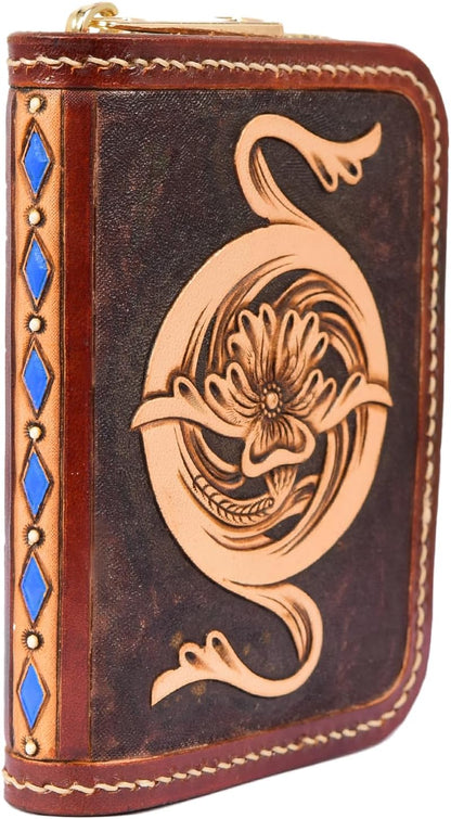 HOTSmall Credit Card Holder RFID Blocking Wallet Women Handmade Floral Carved Leather Zipper Around Security Western Wallets for Women tarjeteros monederos de mujer