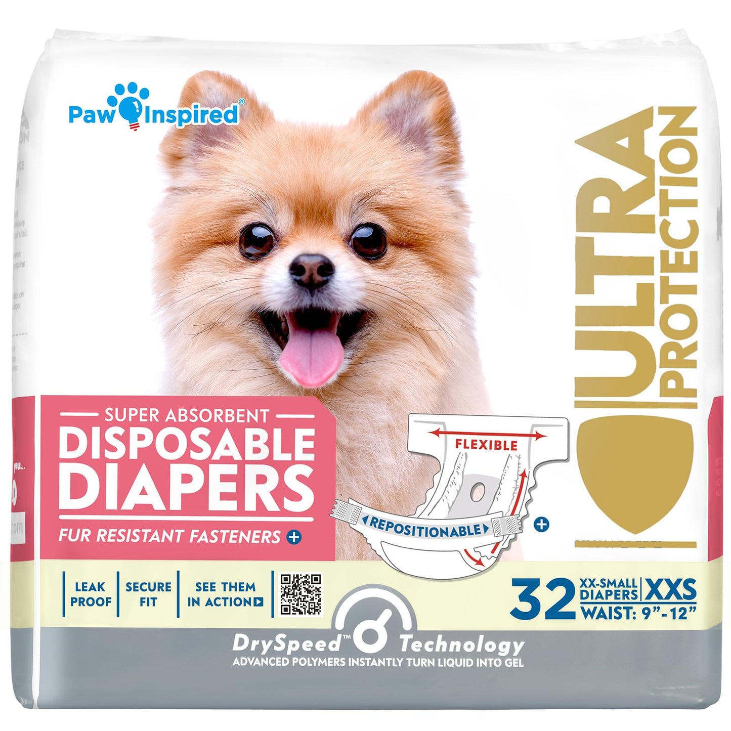 HOTPaw Inspired 32ct Disposable Dog Diapers | Female Dog Diapers Ultra Protection | Diapers for Dogs in Heat, Excitable Urination, or Incontinence (Small)