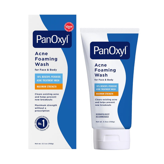 HOTPanOxyl 10% Benzoyl Peroxide Acne Foaming Wash, Maximum Strength, Daily Acne-Fighting Face and Body Cleanser, Face Wash to Clear, Treat and Prevent Acne Pimples and Stubborn Breakouts, 5.5 Oz Tube