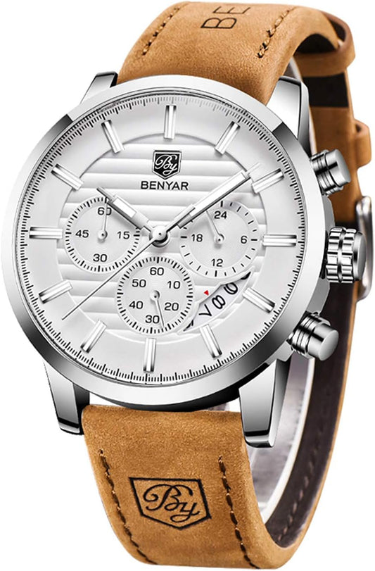 HOTBENYAR Quartz Chronograph Waterproof Watches Business and Sport Design Leather Band Strap Wrist Watch for Men