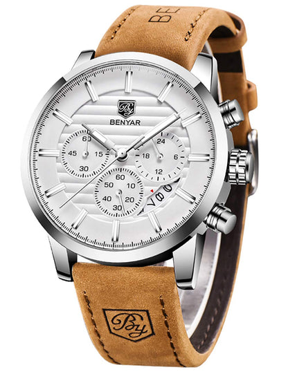 HOTBENYAR Quartz Chronograph Waterproof Watches Business and Sport Design Leather Band Strap Wrist Watch for Men