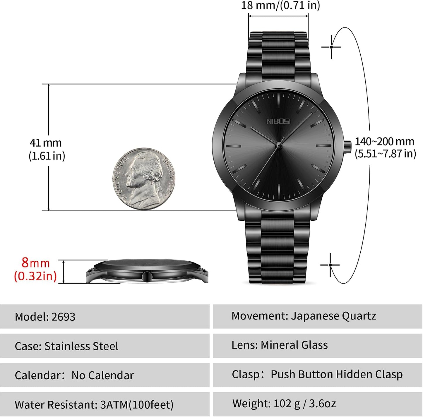 HOTNIBOSI Men Watches Analog Quartz Stainless Steel Black Watches for Men Waterproof Business Classic Watch Fashion Minimalist Ultra Thin Wrist Watch for Work and Casual Wear