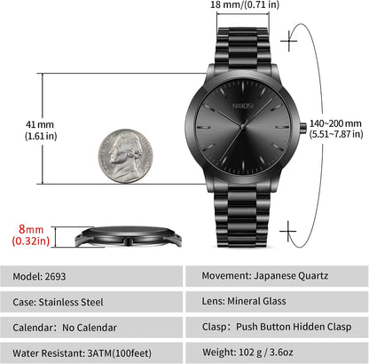 HOTNIBOSI Men Watches Analog Quartz Stainless Steel Black Watches for Men Waterproof Business Classic Watch Fashion Minimalist Ultra Thin Wrist Watch for Work and Casual Wear