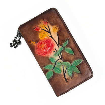 HOTWallet Genuine Leather for Women - with RFID Blocking Card checkbook ID Slot Large Capacity Vintage style (flower brown)